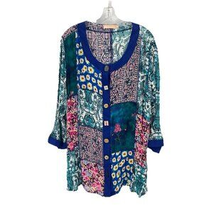 La Cera Funky Print Art to Wear Long Sleeve Top Sz 1X Wooden Buttons